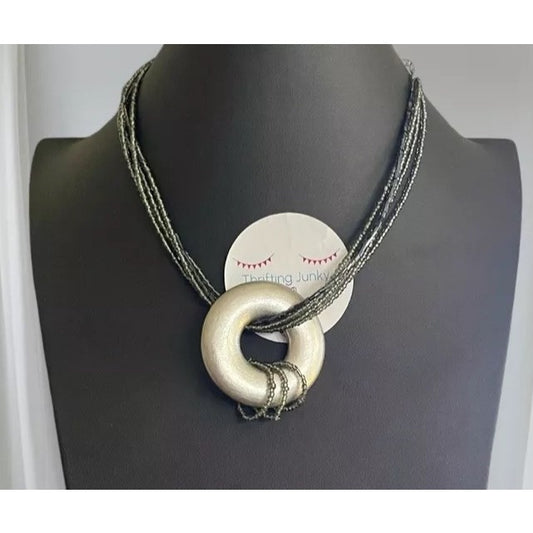 C1946 Donut Pendant Blue Gray Beaded 17" Silver-toned Necklace Gorgeous