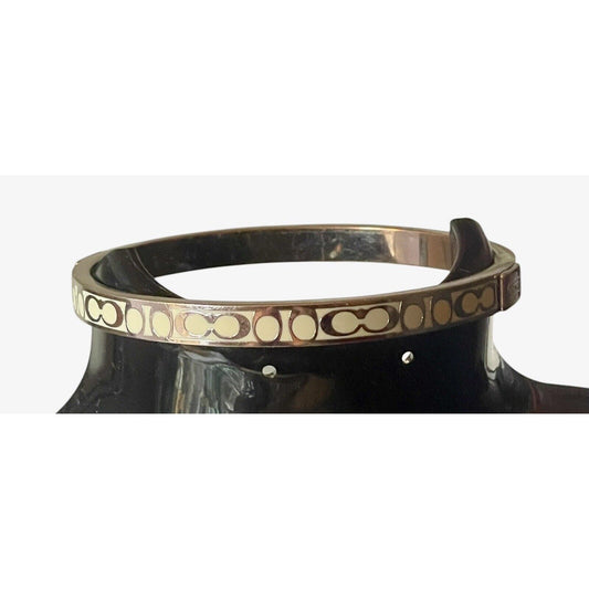 Coach Logo Signature Women's Silver Stainless Steel & Cream Enamel Bracelet EUC