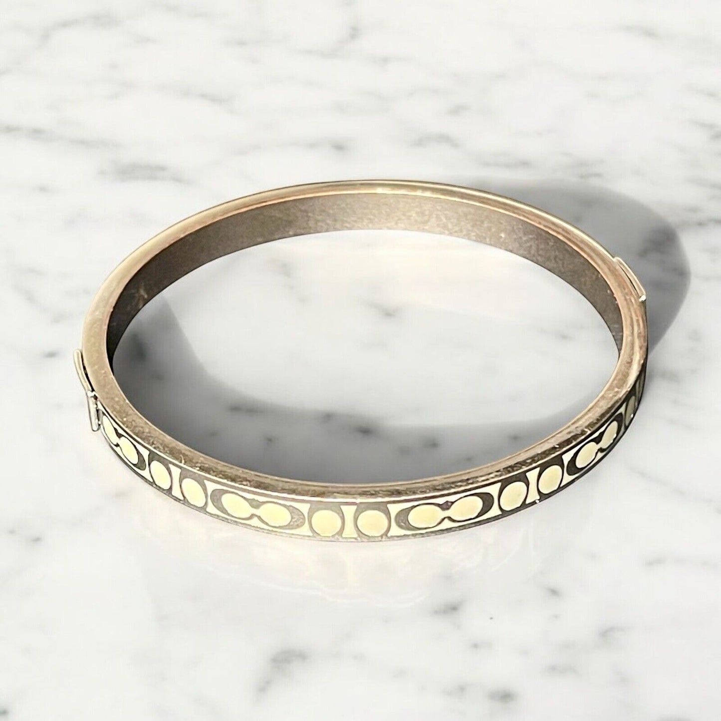 Coach Logo Signature Women's Silver Stainless Steel & Cream Enamel Bracelet EUC