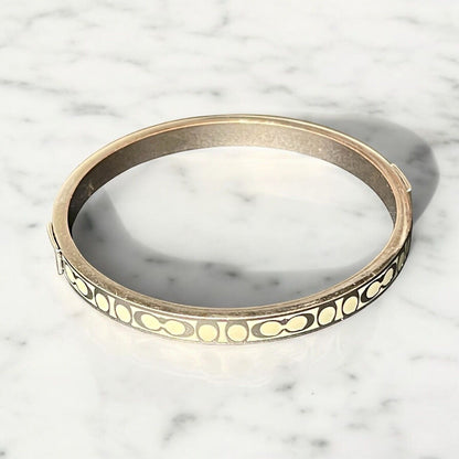 Coach Logo Signature Women's Silver Stainless Steel & Cream Enamel Bracelet EUC