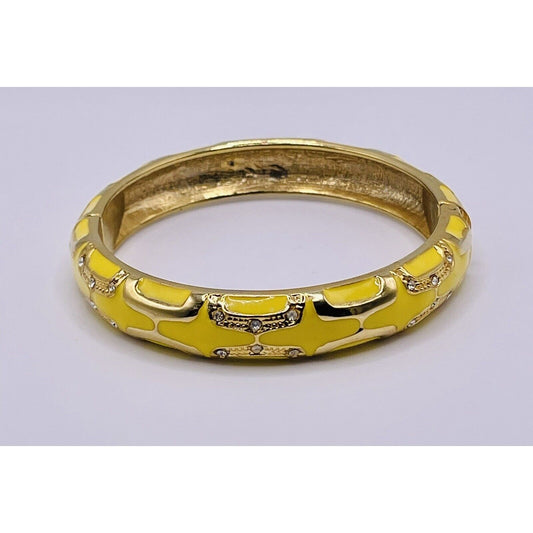 YELLOW & CLEAR RHINESTONES GOOD TONE DESIGNS HINGED METAL BRACELET GORGEOUS EUC