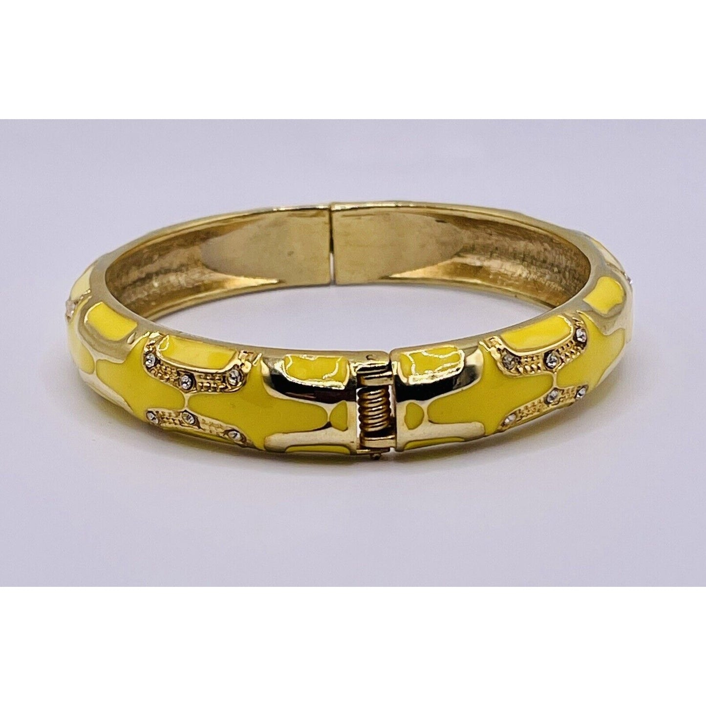 YELLOW & CLEAR RHINESTONES GOOD TONE DESIGNS HINGED METAL BRACELET GORGEOUS EUC