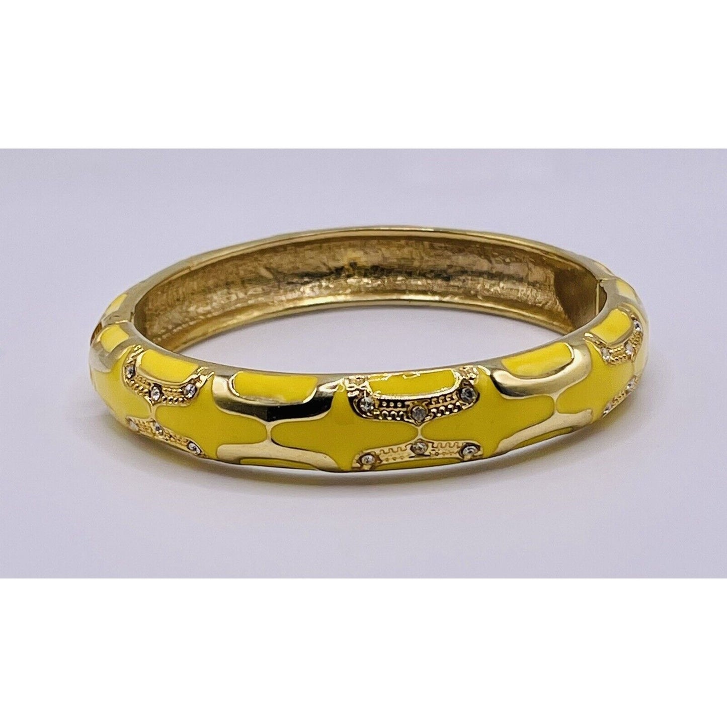 YELLOW & CLEAR RHINESTONES GOOD TONE DESIGNS HINGED METAL BRACELET GORGEOUS EUC