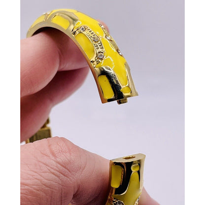 YELLOW & CLEAR RHINESTONES GOOD TONE DESIGNS HINGED METAL BRACELET GORGEOUS EUC