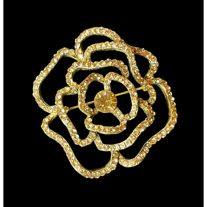 Vintage Clear Rhinestones Camellia Flower Couture Gold-tone Brooch EUC Gorgeous
