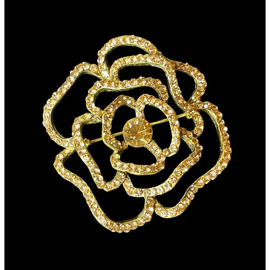 Vintage Clear Rhinestones Camellia Flower Couture Gold-tone Brooch EUC Gorgeous