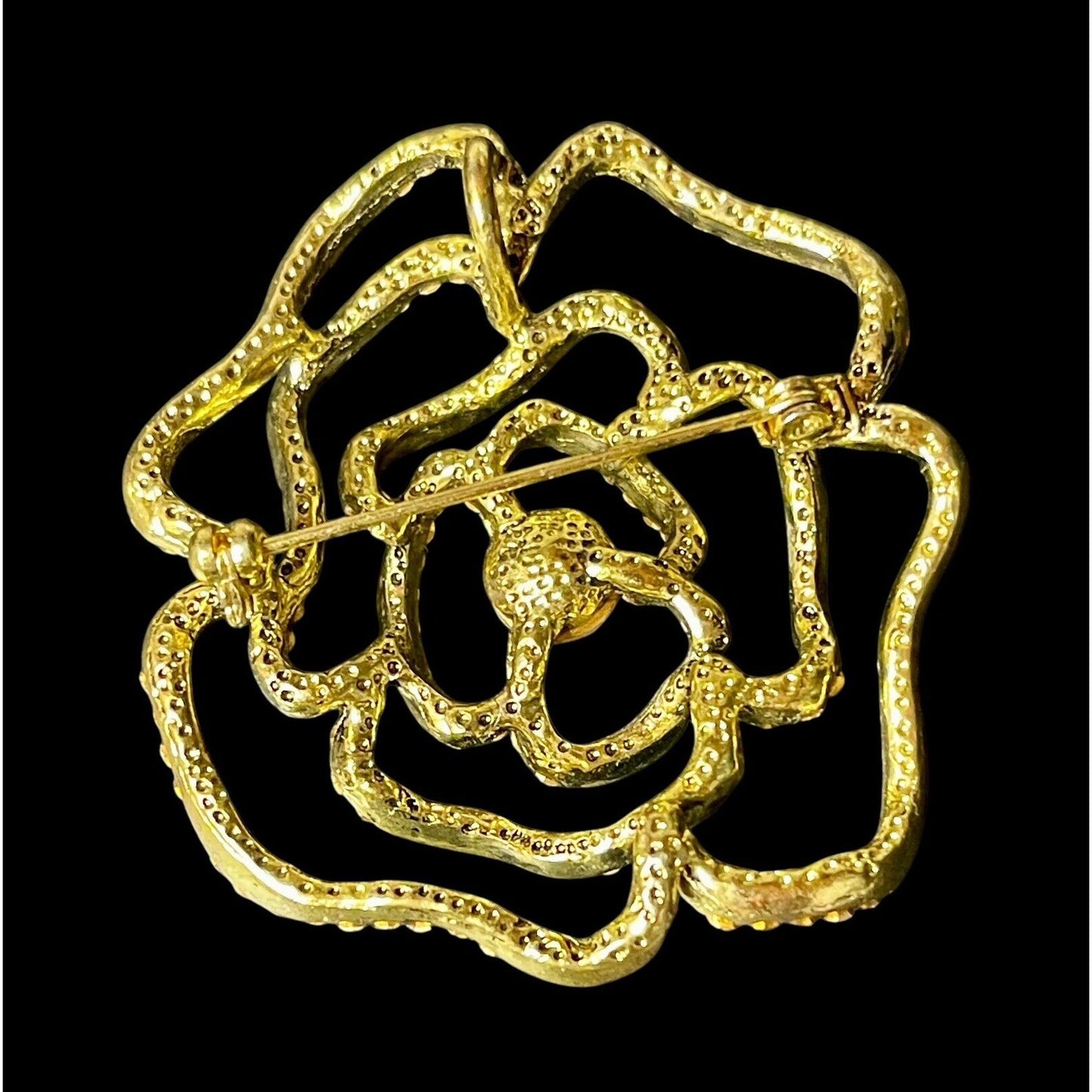 Vintage Clear Rhinestones Camellia Flower Couture Gold-tone Brooch EUC Gorgeous