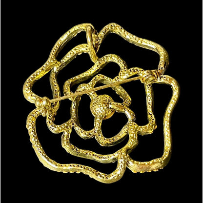 Vintage Clear Rhinestones Camellia Flower Couture Gold-tone Brooch EUC Gorgeous