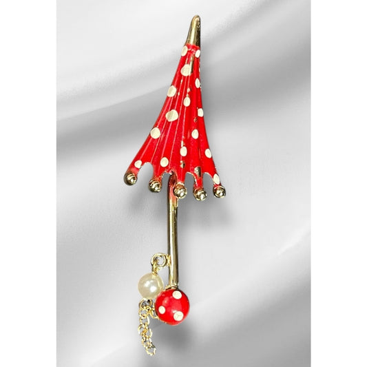 Vintage Red & White Closed Umbrella Gold-tone 2.5” Signed Brooch Pin VGUC