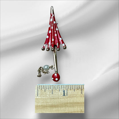 Vintage Red & White Closed Umbrella Gold-tone 2.5” Signed Brooch Pin VGUC