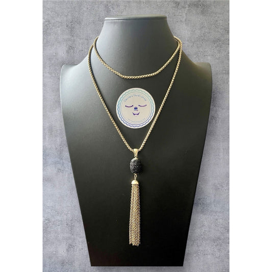 Long 42" Box Gold-tone Chain w/Black Crystals Gold Tassel Pendant VGUC GORGEOUS