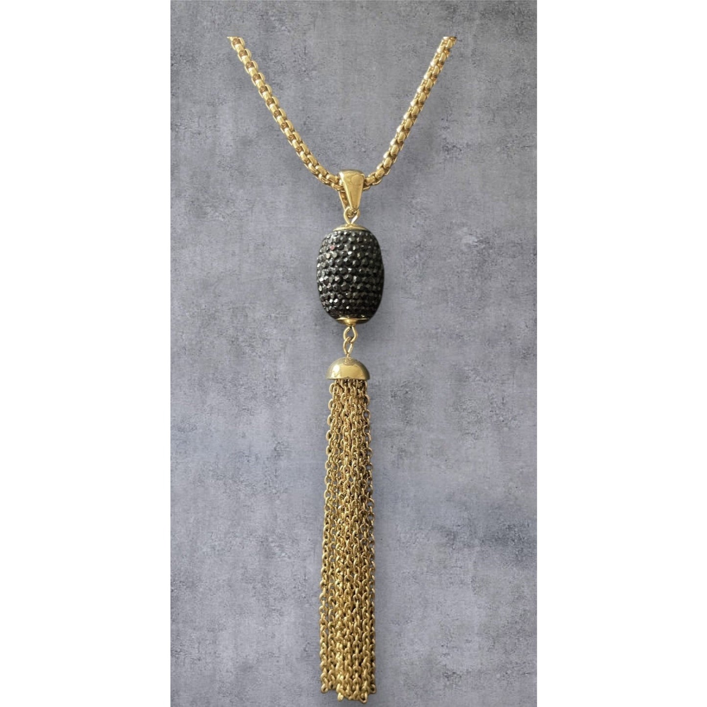 Long 42" Box Gold-tone Chain w/Black Crystals Gold Tassel Pendant VGUC GORGEOUS