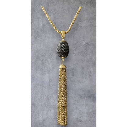 Long 42" Box Gold-tone Chain w/Black Crystals Gold Tassel Pendant VGUC GORGEOUS