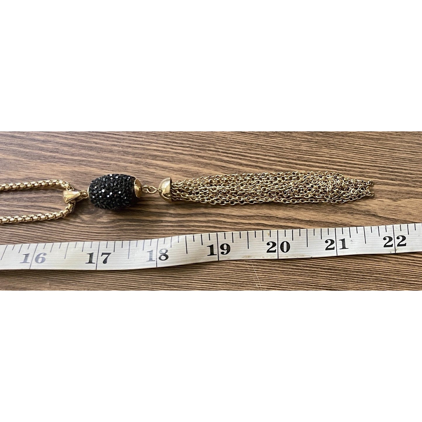 Long 42" Box Gold-tone Chain w/Black Crystals Gold Tassel Pendant VGUC GORGEOUS