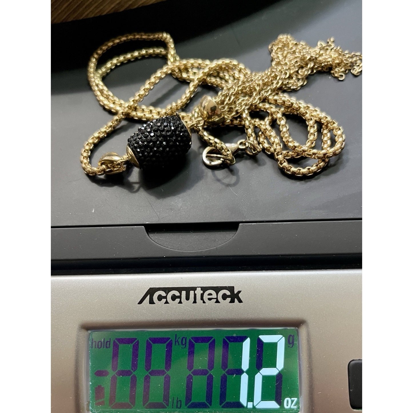 Long 42" Box Gold-tone Chain w/Black Crystals Gold Tassel Pendant VGUC GORGEOUS
