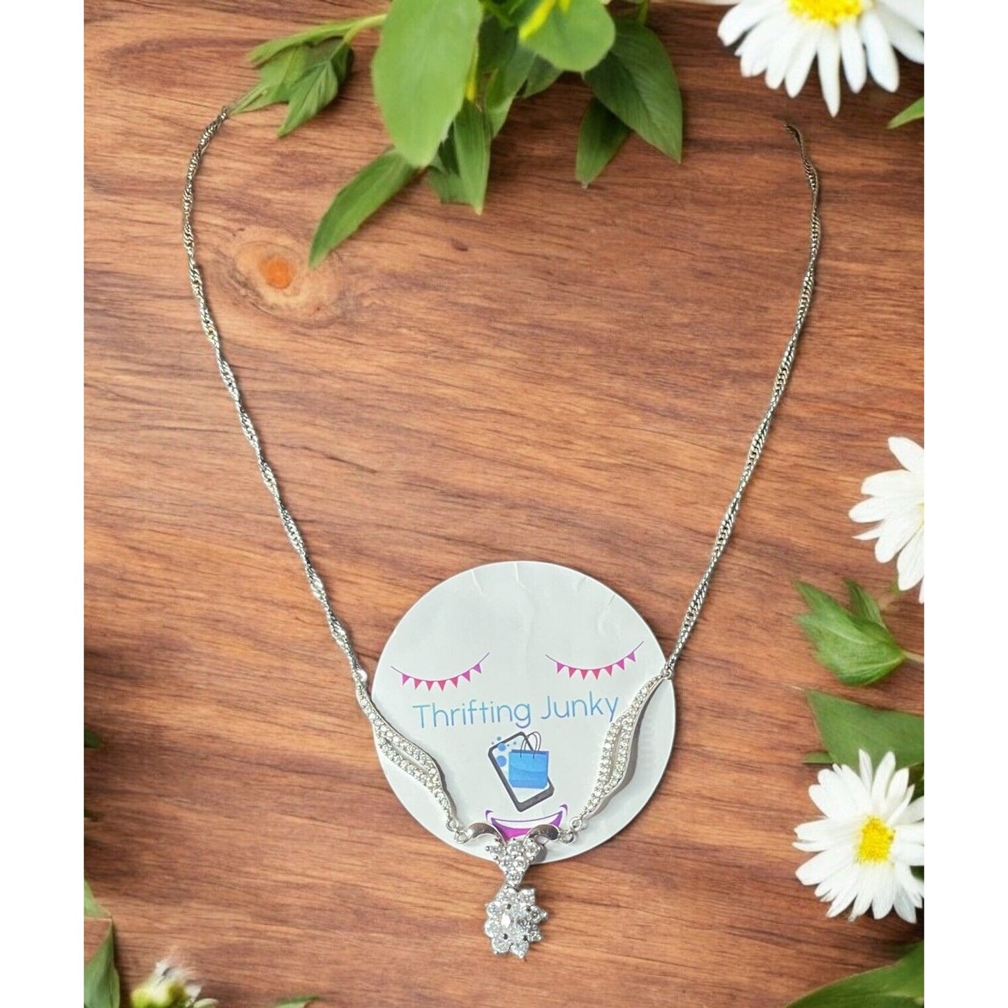 Vintage Retro Soltaire Pendant Cubic Zirconias Silver Tone 18" Necklace EUC
