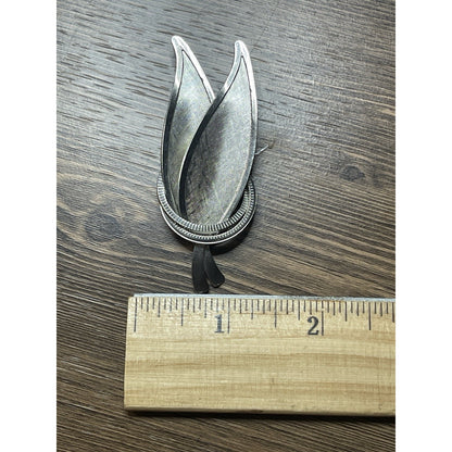 Vintage Double Leaf w/ Double Ring Textured Ribbed Silver-tone 3" Brooch EUC