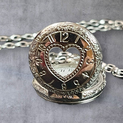 Vintage Quartz Heart Shape Watch w/Silver Rolo Chain  32” Necklace (New Battery)