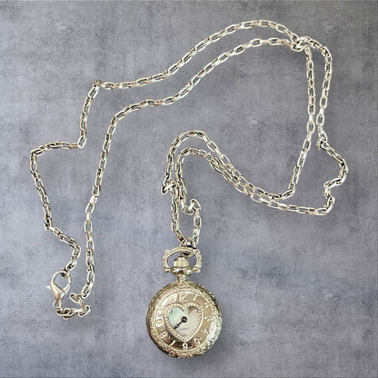 Vintage Quartz Heart Shape Watch w/Silver Rolo Chain  32” Necklace (New Battery)