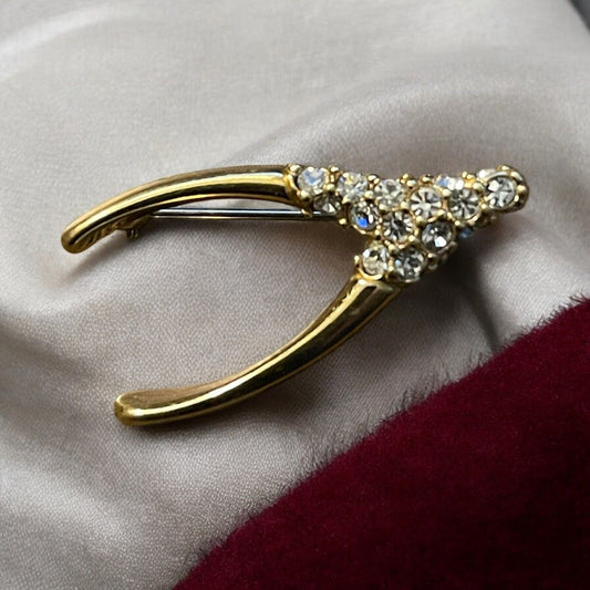 Vintage Retro Wishbone Pin w/Clear Crystals14K Gold Plated Signed Krementz