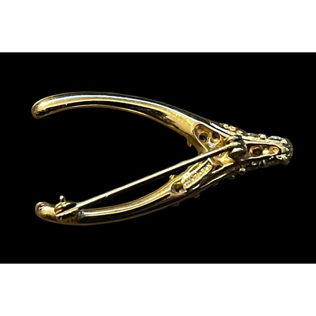 Vintage Retro Wishbone Pin w/Clear Crystals14K Gold Plated Signed Krementz