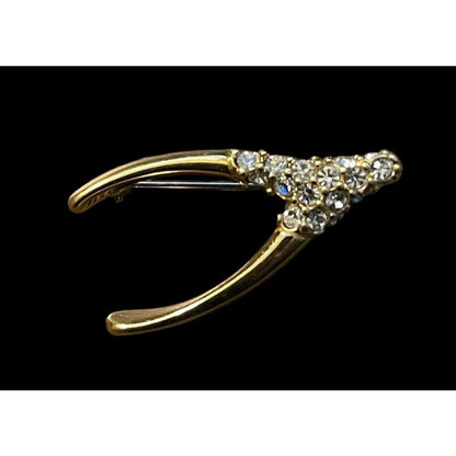 Vintage Retro Wishbone Pin w/Clear Crystals14K Gold Plated Signed Krementz