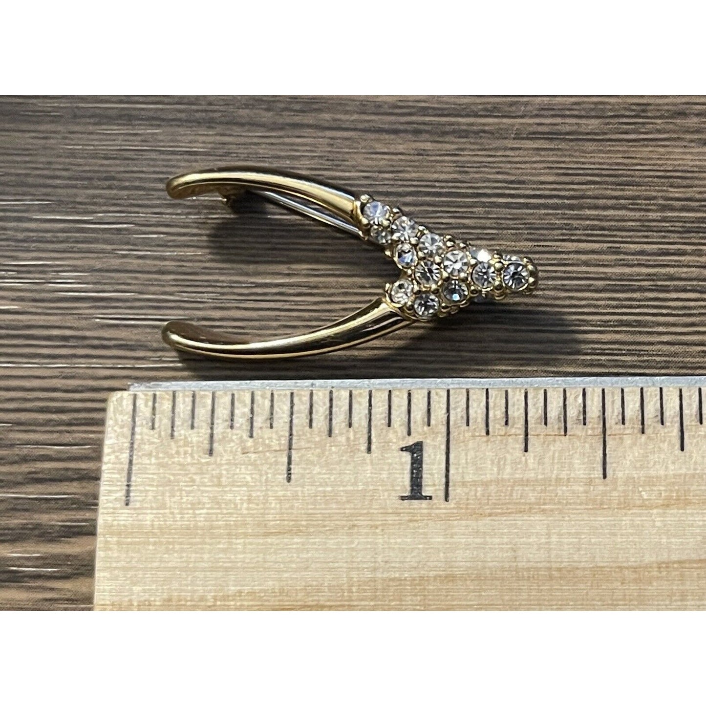 Vintage Retro Wishbone Pin w/Clear Crystals14K Gold Plated Signed Krementz