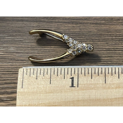 Vintage Retro Wishbone Pin w/Clear Crystals14K Gold Plated Signed Krementz