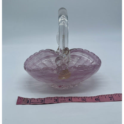 Vintage Murano Glass Basket Hand Blown With Clear Handle Pink Gold Flakes VGUC