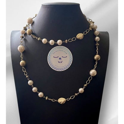 Lia Sophia "Socialite" Golden Beads & White Glass Pearls 38" Long Necklace