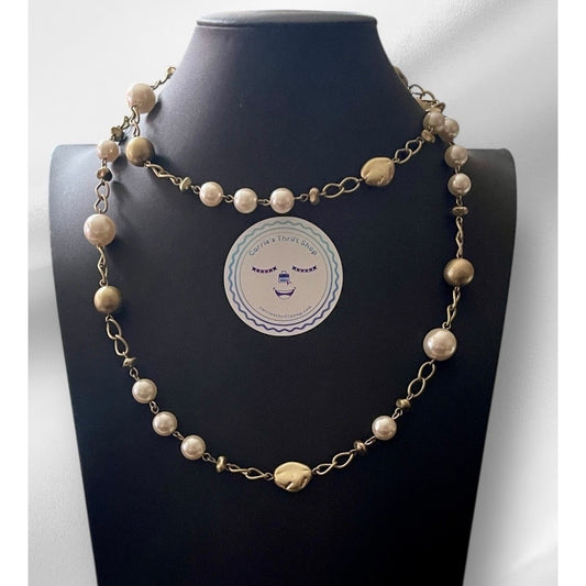 Lia Sophia "Socialite" Golden Beads & White Glass Pearls 38" Long Necklace