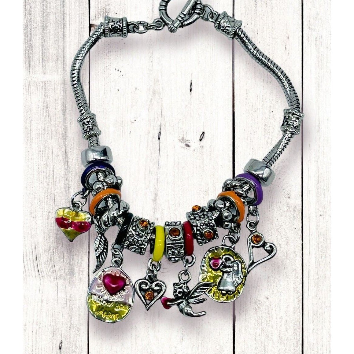 Heart & Angels Bead Charms Silver Snake Chain Toggle 8” Bracelet EUC Gorgeous