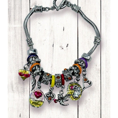 Heart & Angels Bead Charms Silver Snake Chain Toggle 8” Bracelet EUC Gorgeous