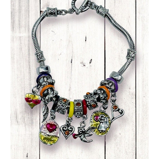 Heart & Angels Bead Charms Silver Snake Chain Toggle 8” Bracelet EUC Gorgeous